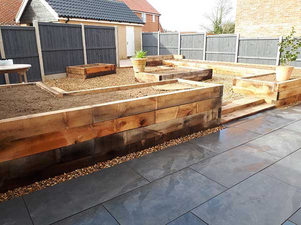 Timber sleeper garden landscaping by Ker-Way local Woodbridge builder.