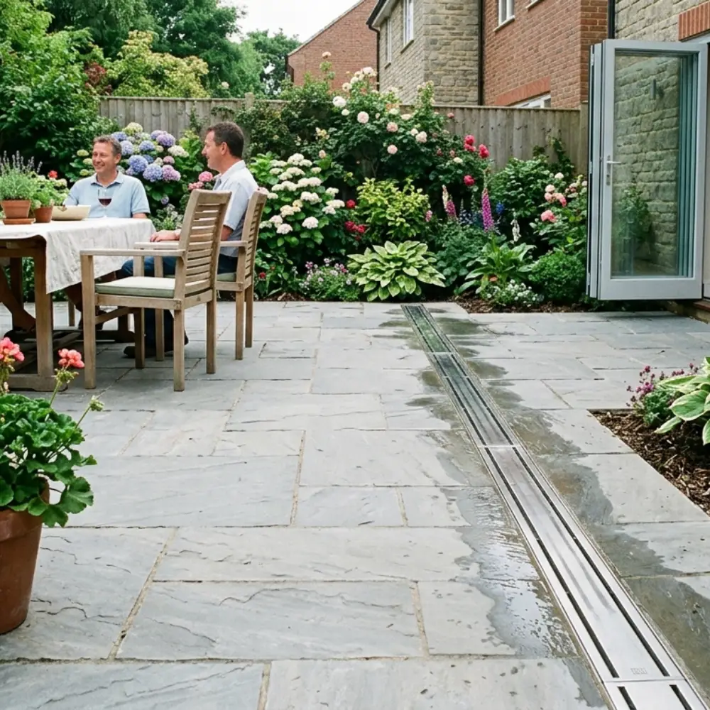 Garden Patio Drainage Solutions using patio drainage channels beside garden paving.