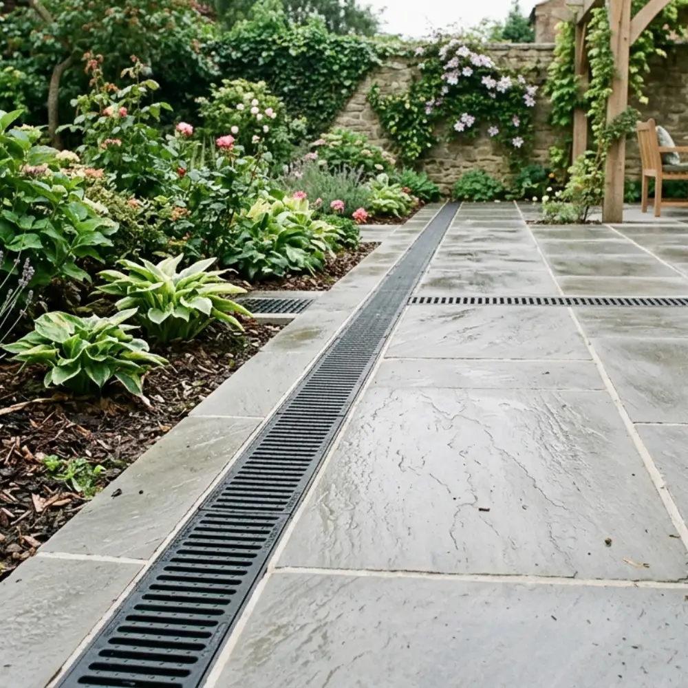 Garden Patio Drainage Solutions using patio drainage channels beside garden paving.