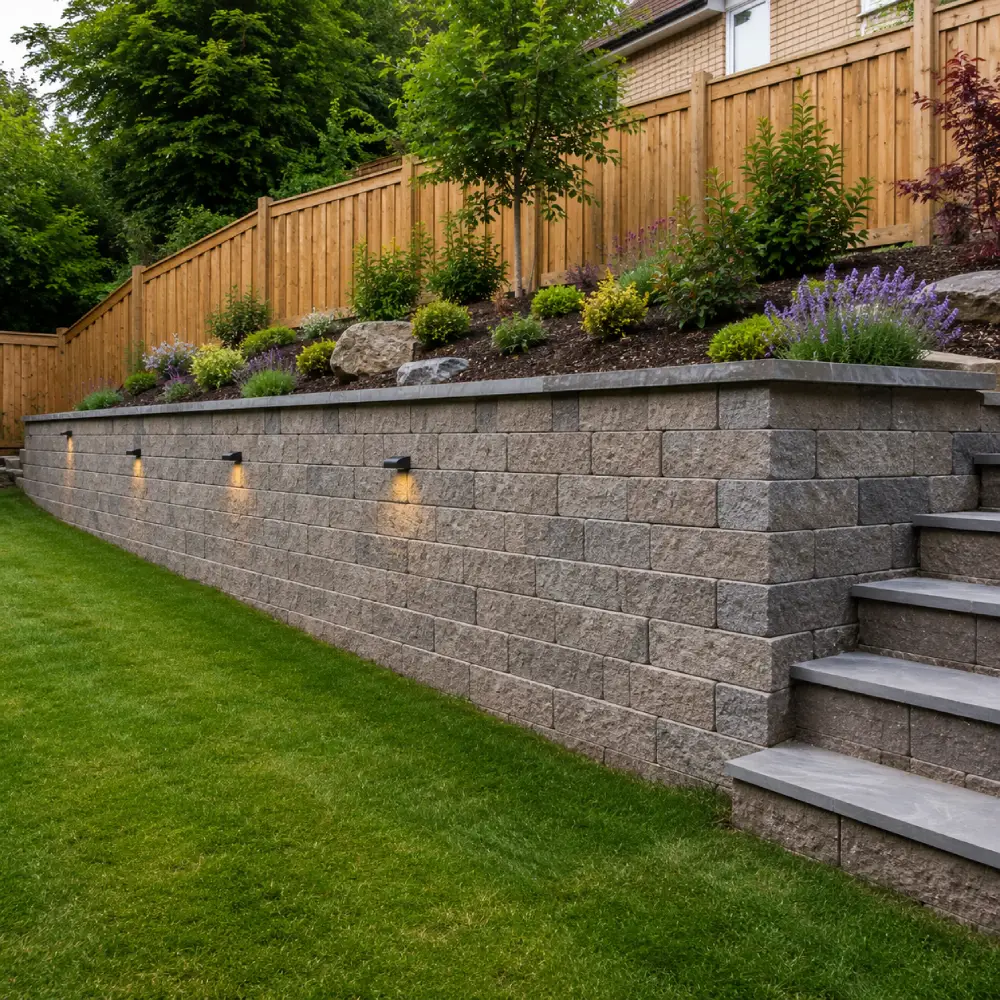 Garden Retaining Wall Installation supporting a sloped garden and raised outdoor area.